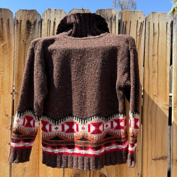 Vintage 90s Brown Wool Cashmere Cowichan Southwestern Aztec Sweater S/M Petite - Picture 11 of 13
